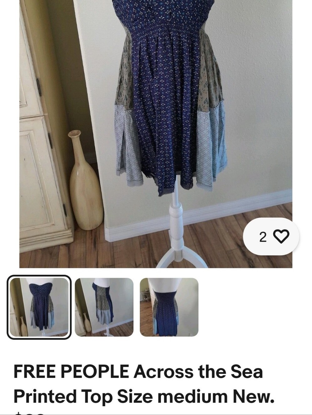 Free People Navy Blue and Sage Patchwork Boho Top - Picture 7 of 7